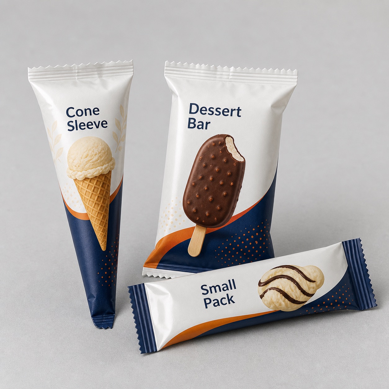 Frozen dessert packaging size reference with cone sleeve and small pouch formats