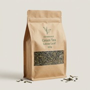 Kraft tea pouch with zipper and a clear window showing loose green tea leaves