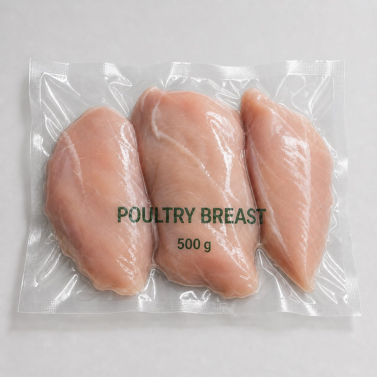 Three non-identical chicken breast portions in a clear vacuum pouch with direct film printing