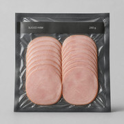 Sliced cooked ham vacuum pouch reference for processed meat portion planning.
