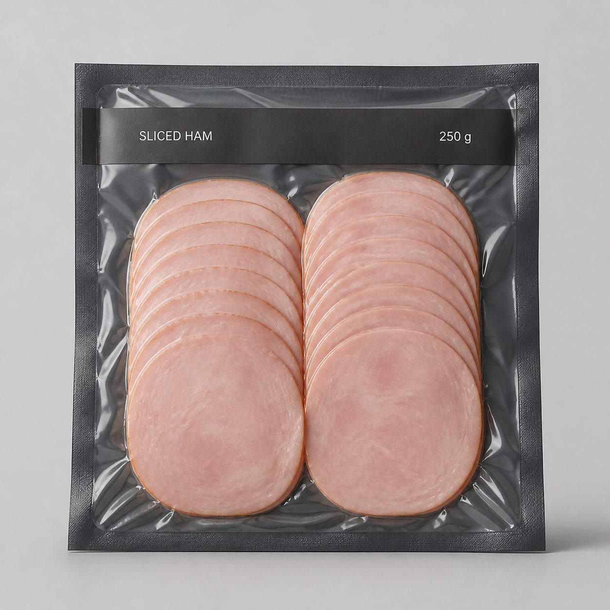 Sliced cooked ham vacuum pouch reference for processed meat portion planning.