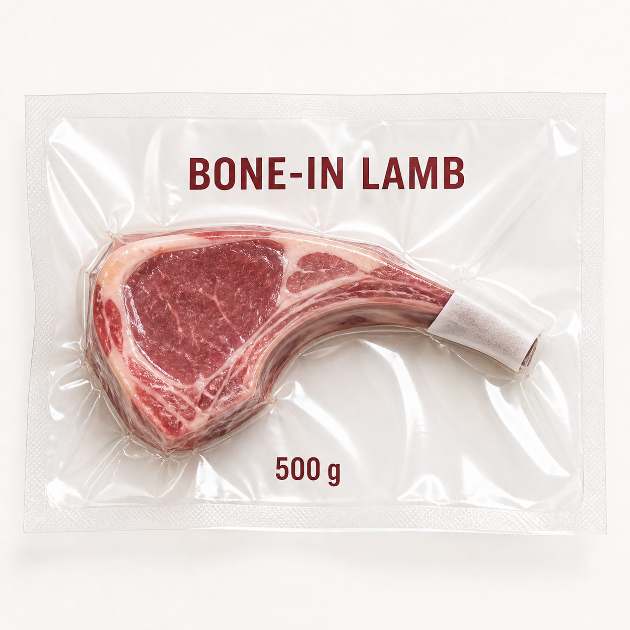 Bone-in lamb chop in a printed heavy vacuum pouch with a soft bone-guard patch