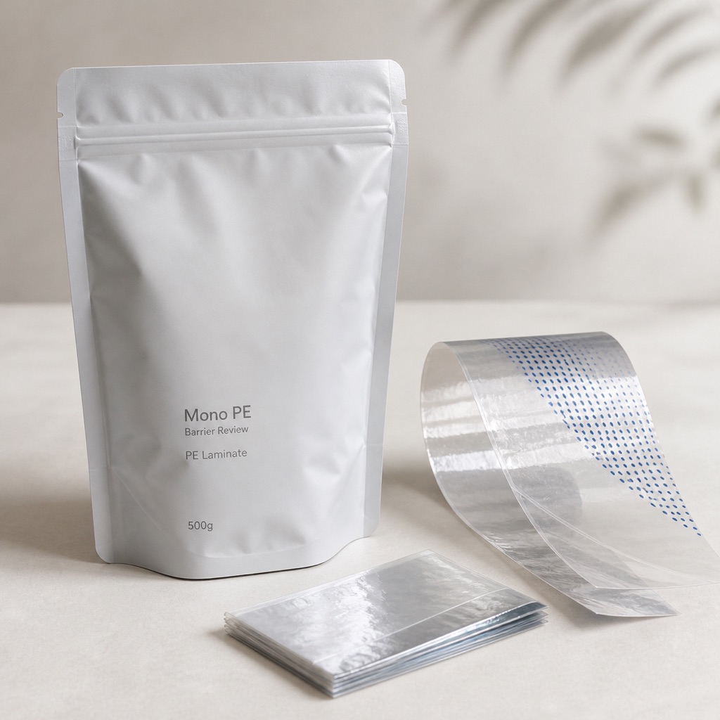 Mono-PE stand-up pouch and laminate sample for barrier tradeoff planning