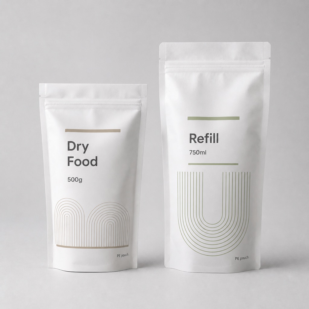 Mono-material dry food and refill pouches with generic capacity labels