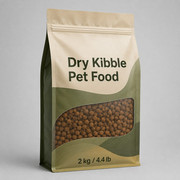 Dry kibble pet food pouch with clear window and dual metric and US weight label