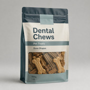 Dental chew pet treat pouch with clear window showing bone-shaped treats