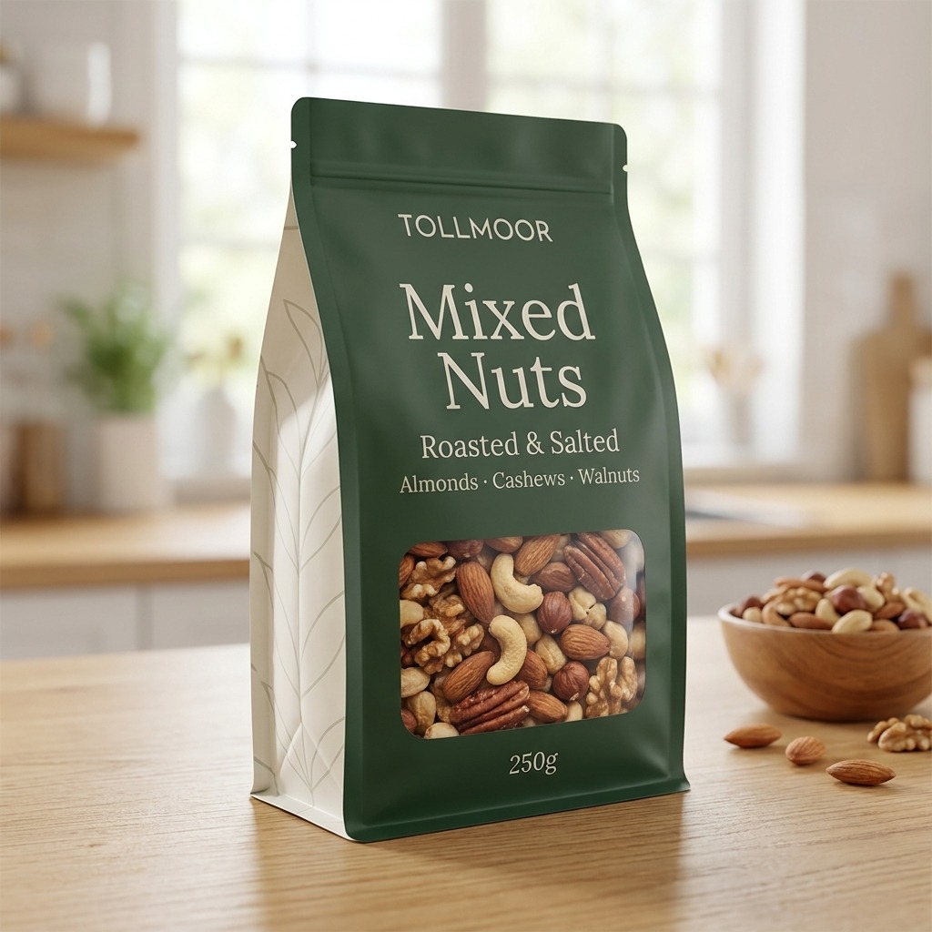 Green quad seal mixed nuts pouch with printed front panel, cream side panel and clear window