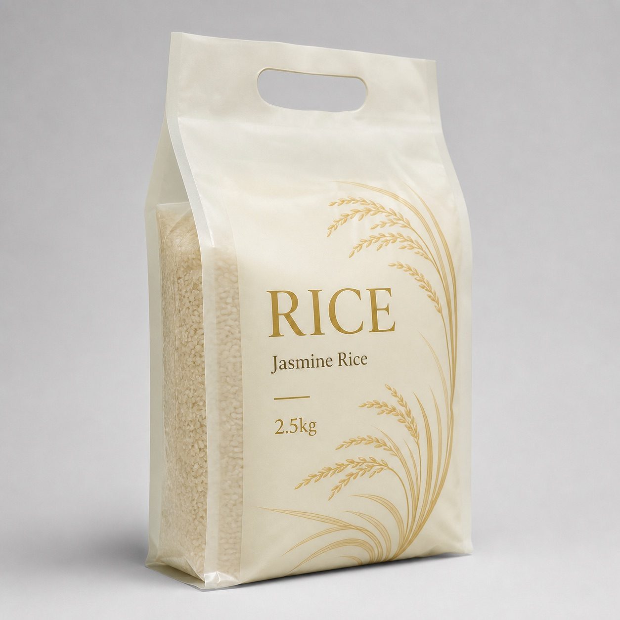 Clear rice handle pouch sample for retail rice packaging review