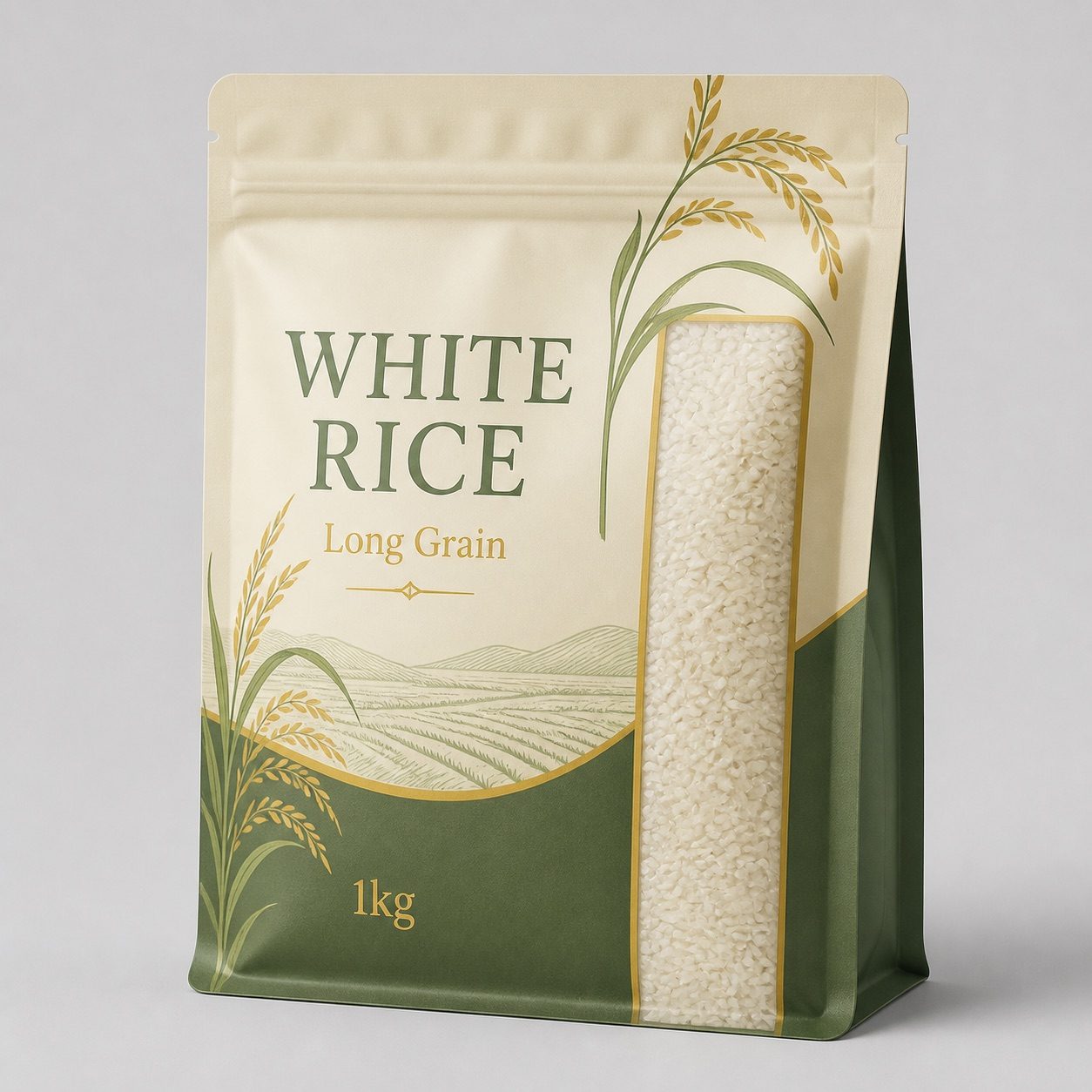 Printed rice pouch with clear grain window for shelf display review