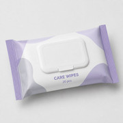 Care wipes flexible pack with flip-top reseal lid and 20-piece direct print
