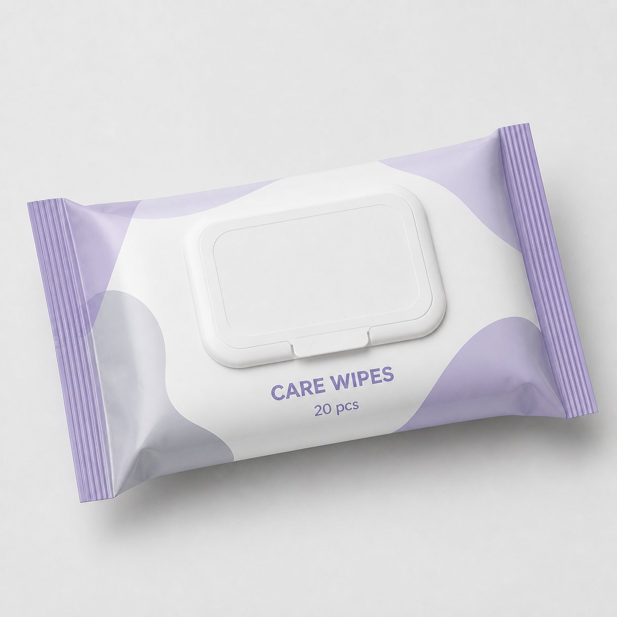 Care wipes flexible pack with flip-top reseal lid and 20-piece direct print