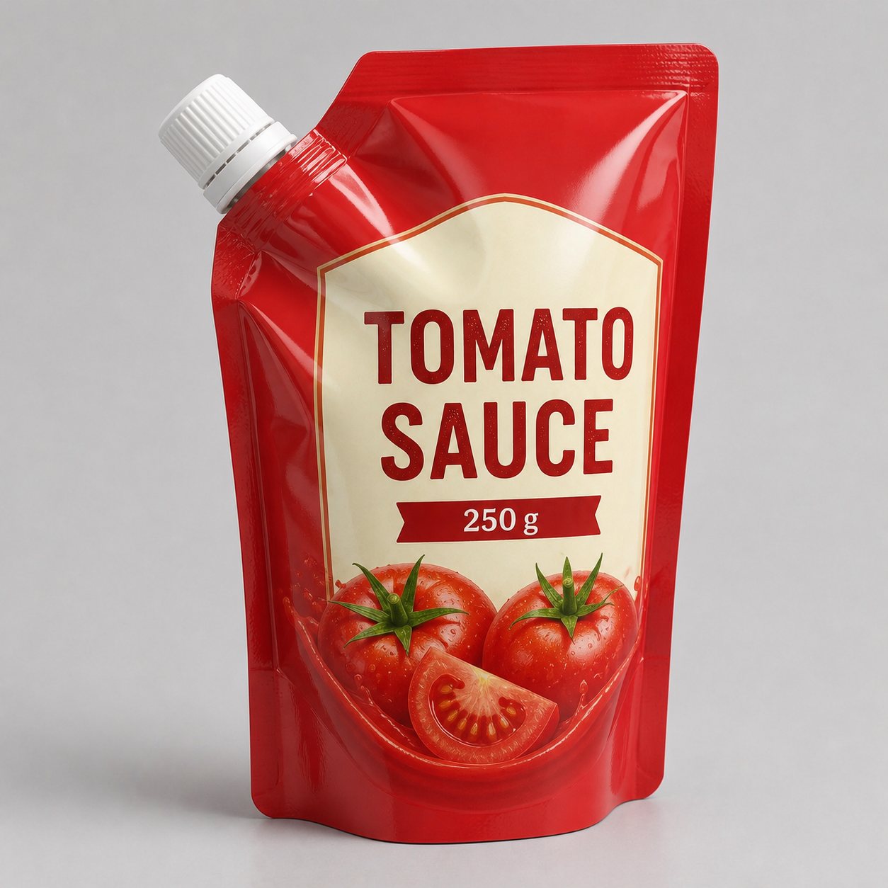 Printed tomato sauce high-barrier pouch with welded corner spout