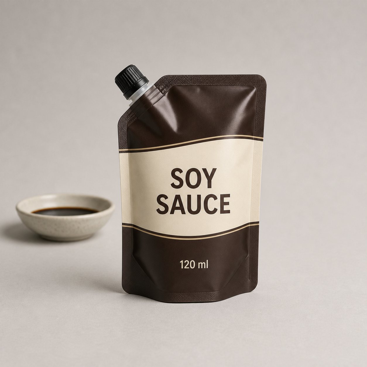 Compact 120 ml soy sauce refill pouch with corner spout