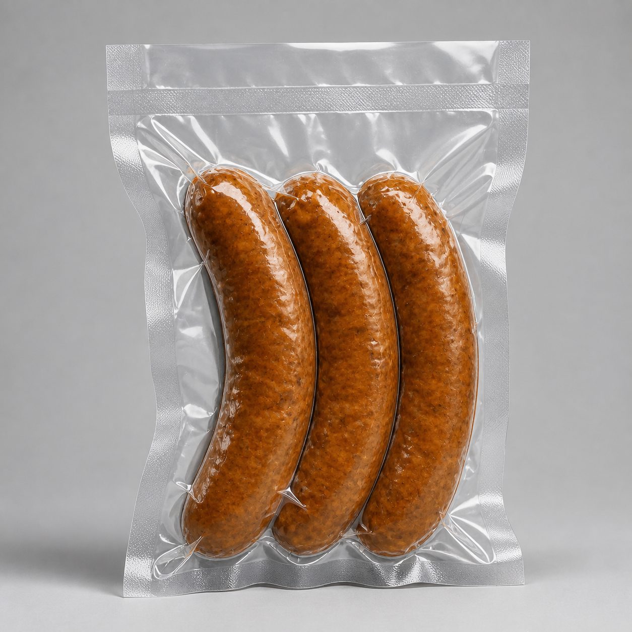 Three cooked sausages in a clear PA/PE vacuum pouch