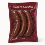 Smoked sausages in a clear high-barrier vacuum pack with printed backing web