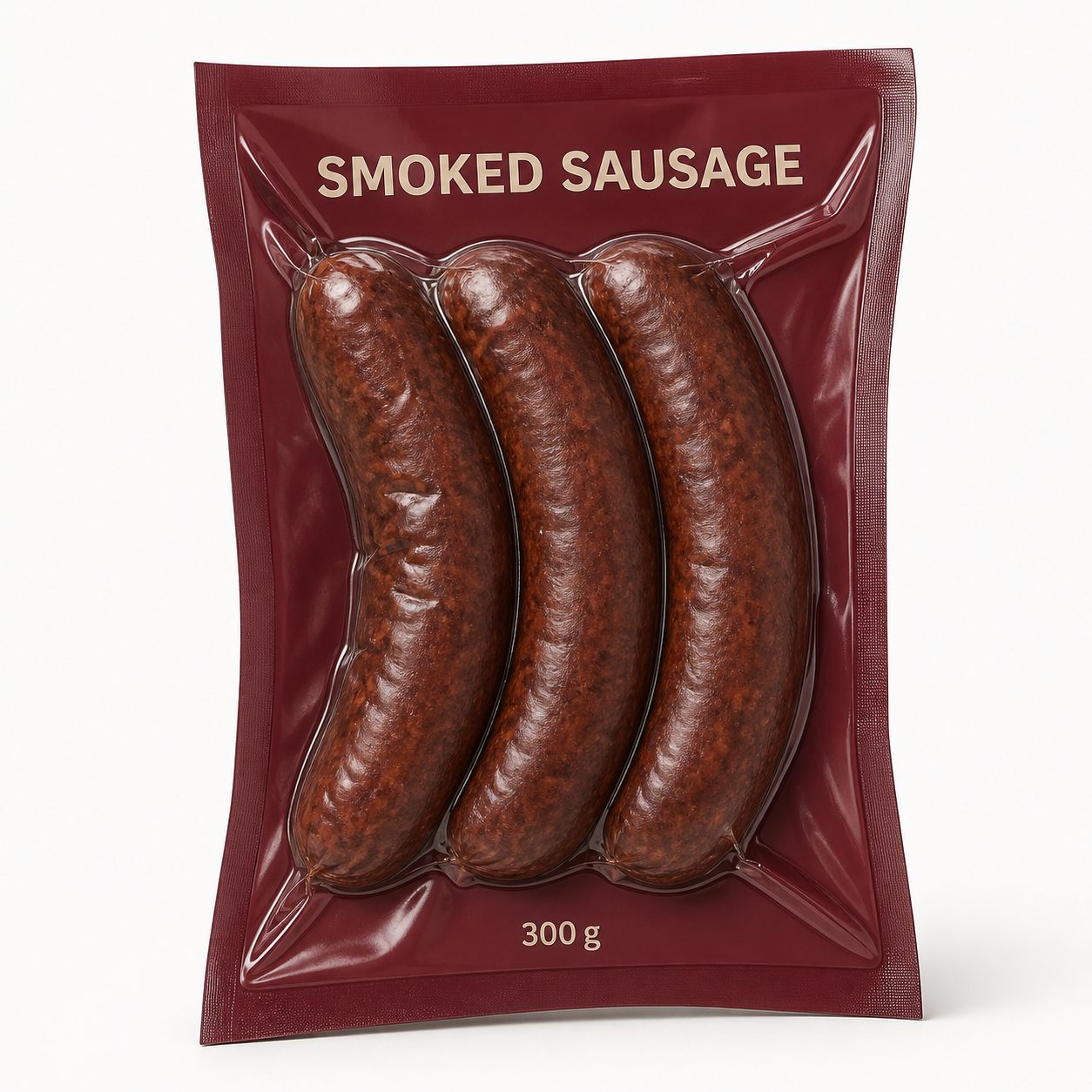 Smoked sausages in a clear high-barrier vacuum pack with printed backing web
