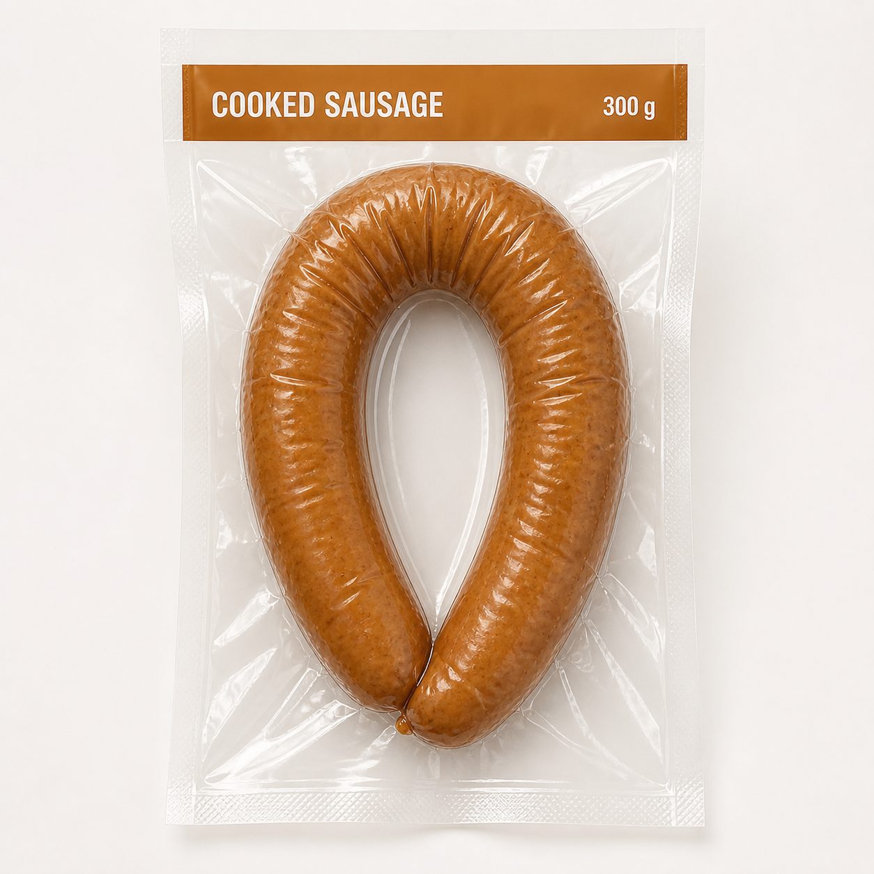 U-shaped cooked sausage in a clear shrink-vacuum pouch with printed top band