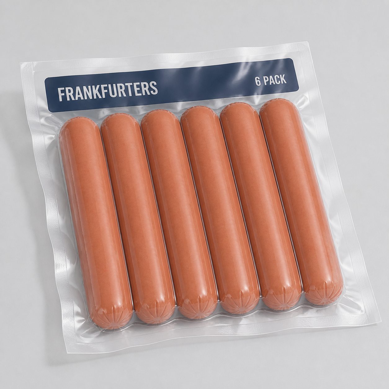 Six frankfurters in flexible thermoformed top-and-bottom web packaging