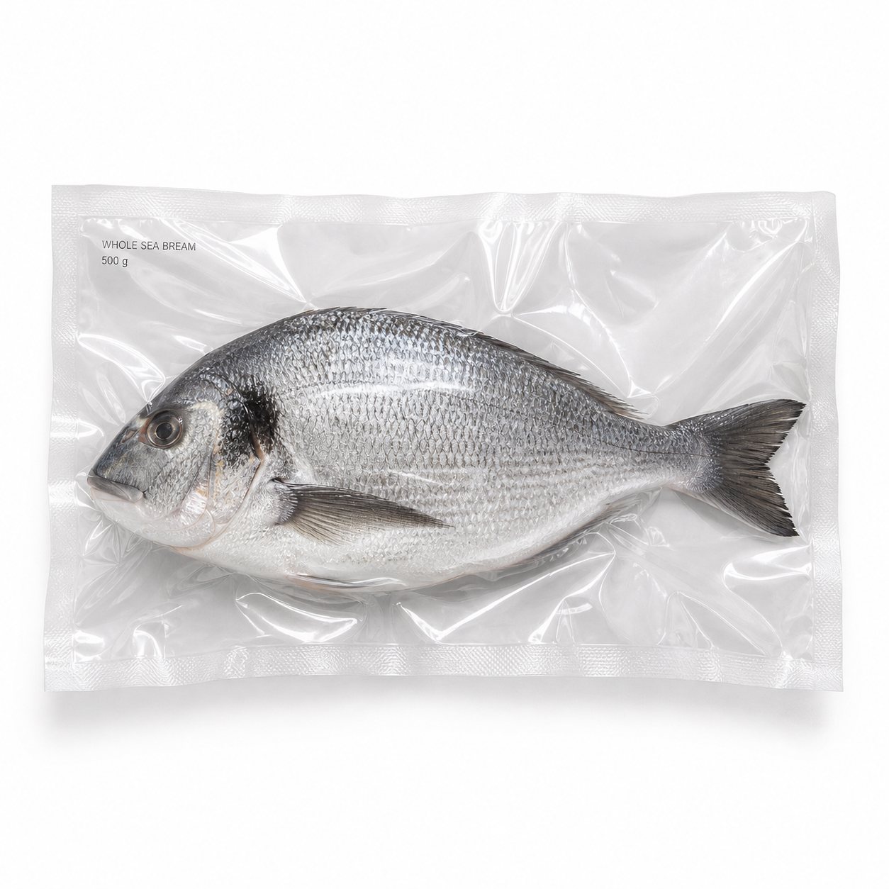 Whole sea bream in a transparent high-barrier vacuum pouch with small direct print
