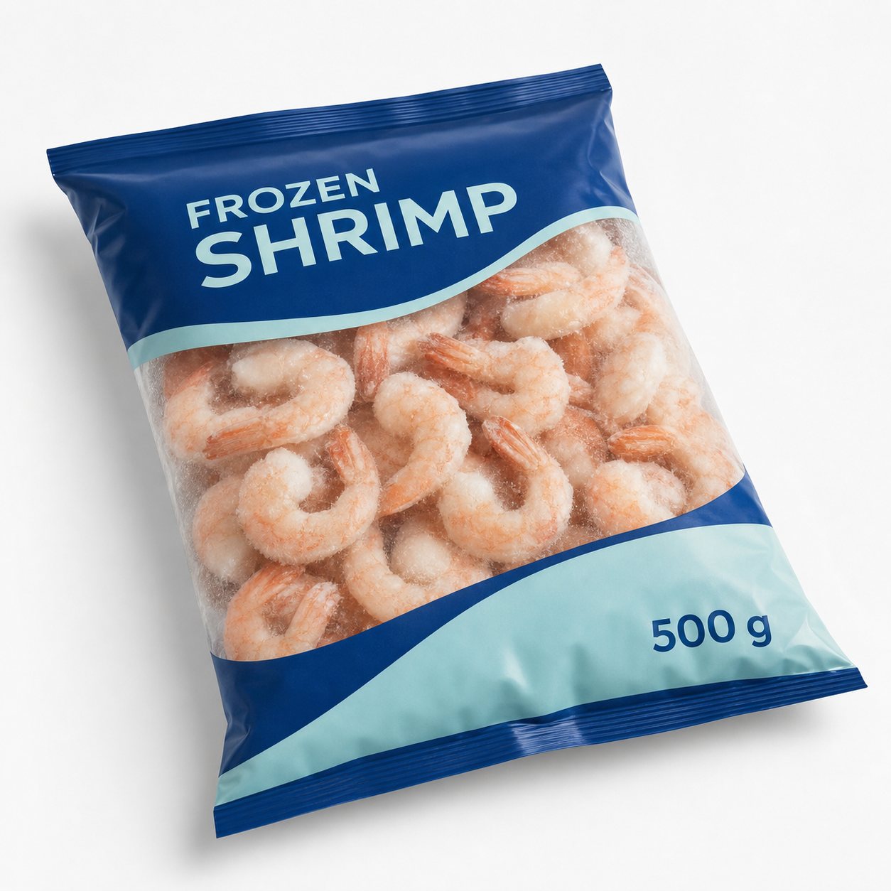 Frozen peeled shrimp in a printed pillow bag with a clear product window