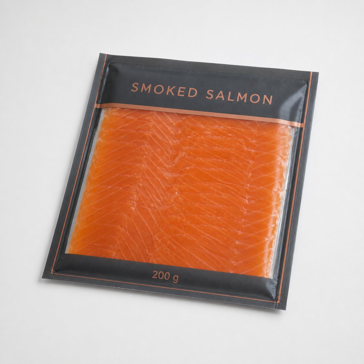 Sliced smoked salmon in a printed vacuum flat pouch with a clear window