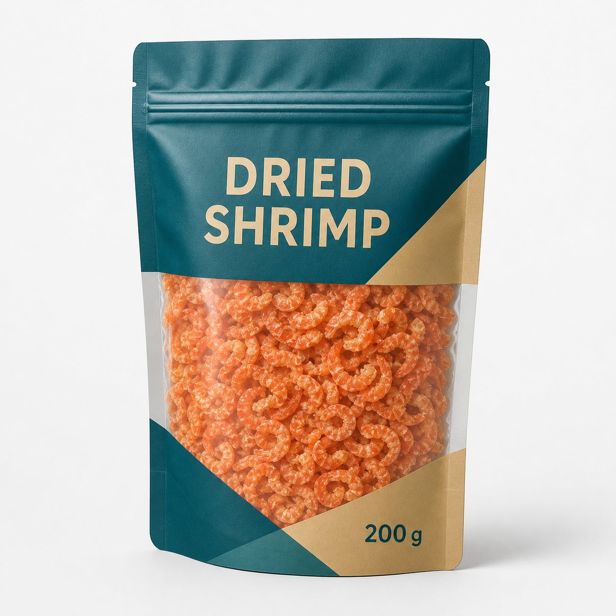 Dried shrimp in a printed stand-up zipper pouch with a clear product window