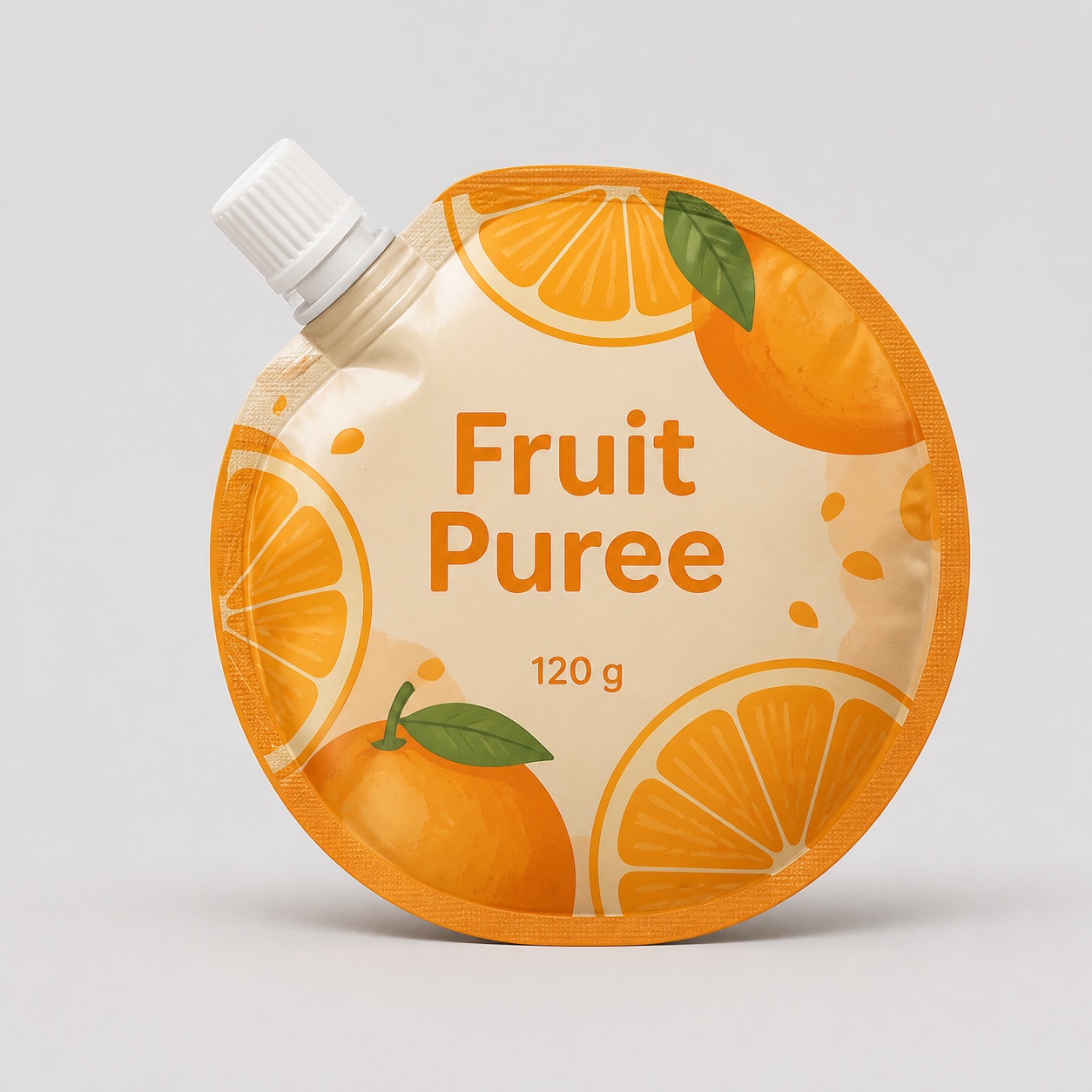 Round die-cut fruit puree shaped pouch with spout and sealed contour edge