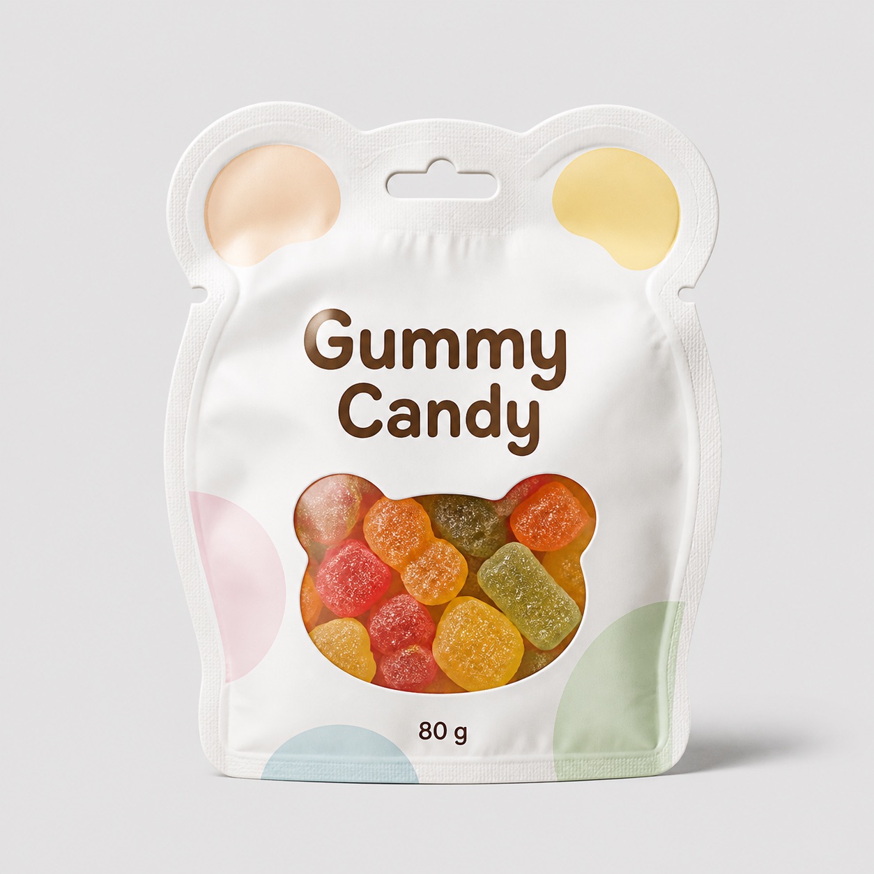 Bear-head shaped gummy candy pouch with hang hole and tear notches
