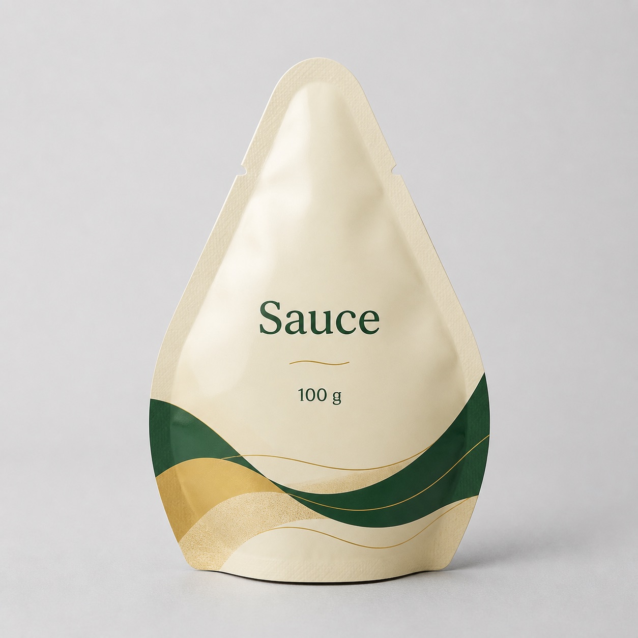 Teardrop shaped sauce pouch with stand-up base and sealed contour edge