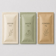 Flat single-serve sachet samples for serum sauce and powder packaging review