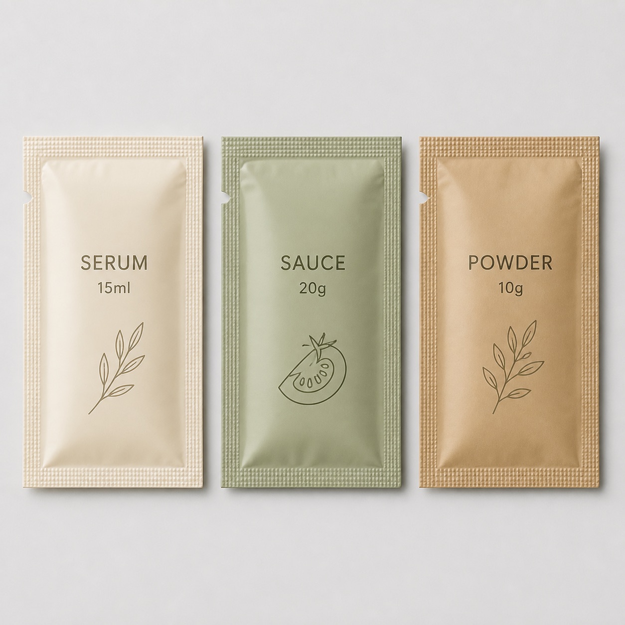 Flat single-serve sachet samples for serum sauce and powder packaging review