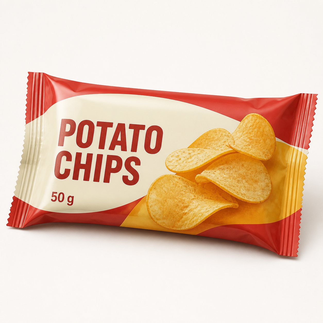 Printed potato chips pillow bag with crimped end seals