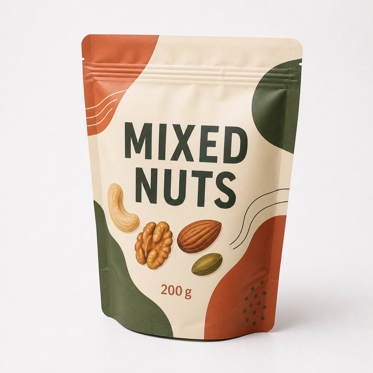 Opaque mixed nuts stand-up pouch with resealable zipper