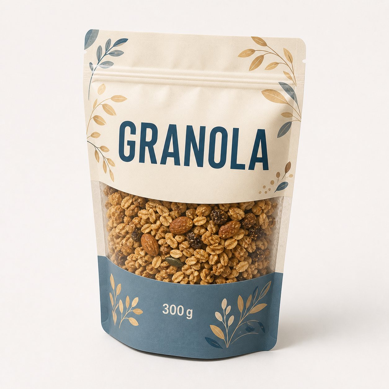 Granola stand-up zipper pouch with integrated transparent window