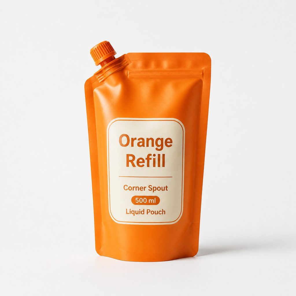 Orange corner spout refill pouch sample with generic liquid pouch label for fitment review