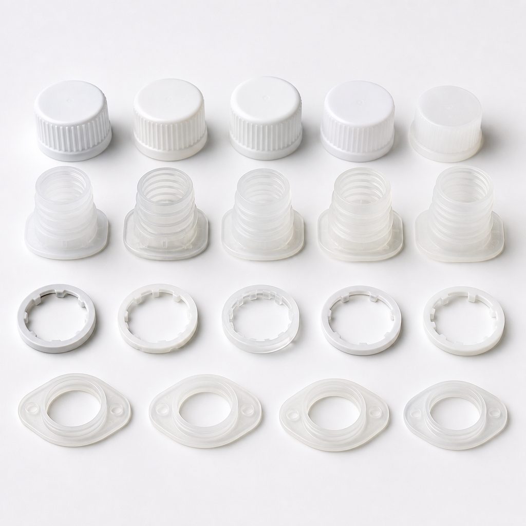 PP PE and HDPE spout cap material samples for pouch fitment planning
