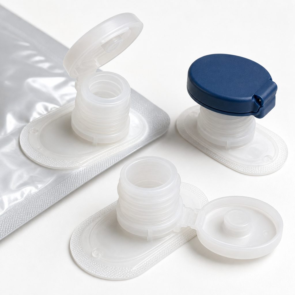 Flip-top spout cap assembly with pouch weld flange for liquid refill projects