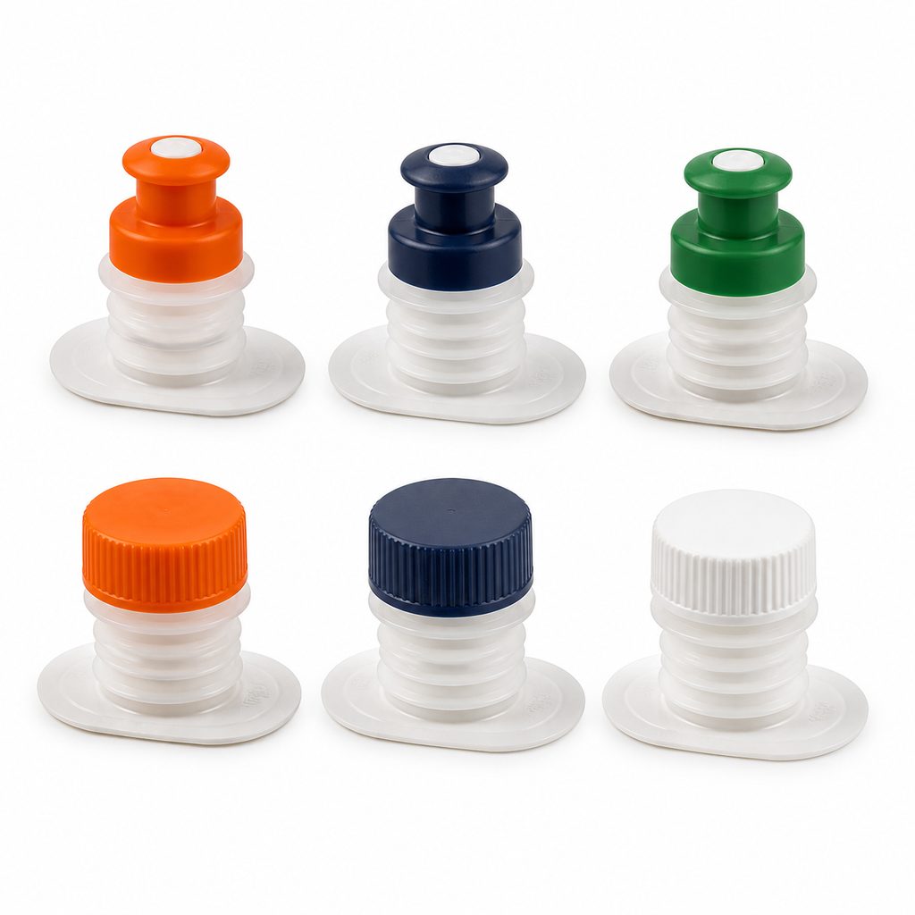 Colored sport cap and screw cap fitment samples for pouch closure review