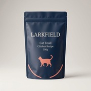 Matte navy stand-up cat food pouch with zipper and coral cat artwork