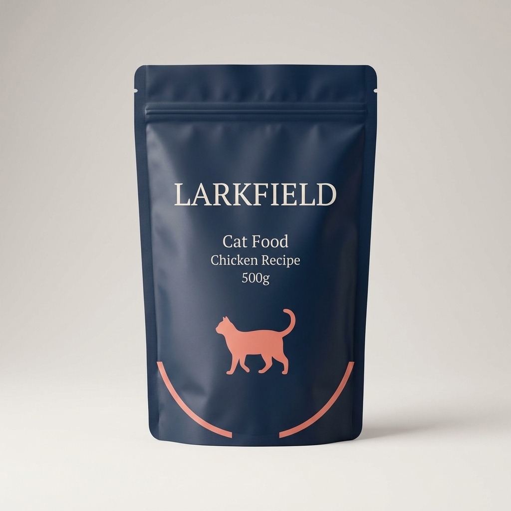 Navy stand-up cat food pouch with zipper and printed front panel