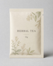 Printed herbal tea three-side-seal flat sachet with visible tear notch