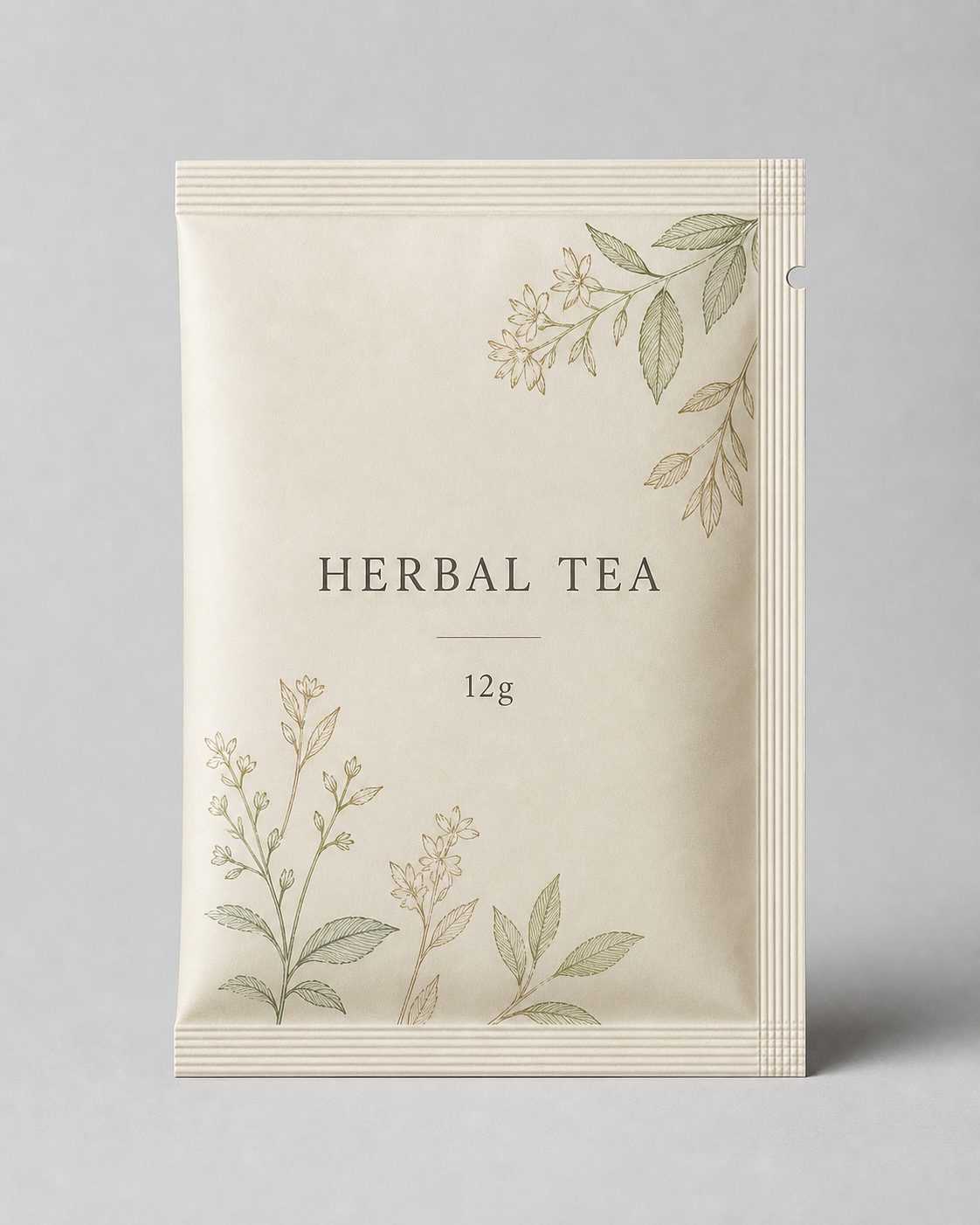 Printed herbal tea three-side-seal flat sachet with visible tear notch