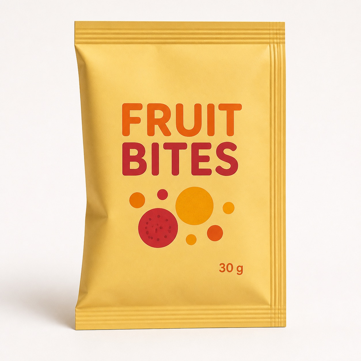 Fruit bites three-side-seal sachet with folded side and generic 30 g print