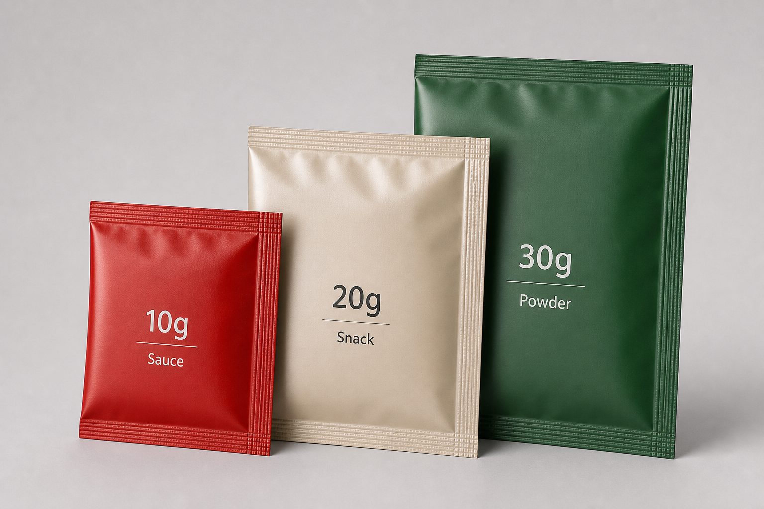 Three sizes of three-side-seal flat sachets for fill-volume planning