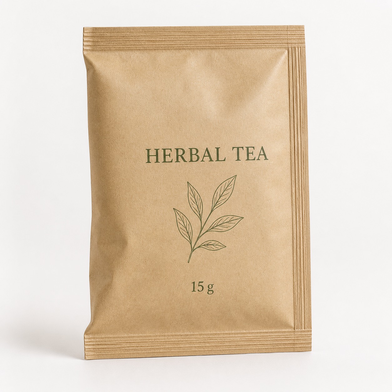 Kraft-look herbal tea three-side-seal sachet with folded side and generic 15 g print