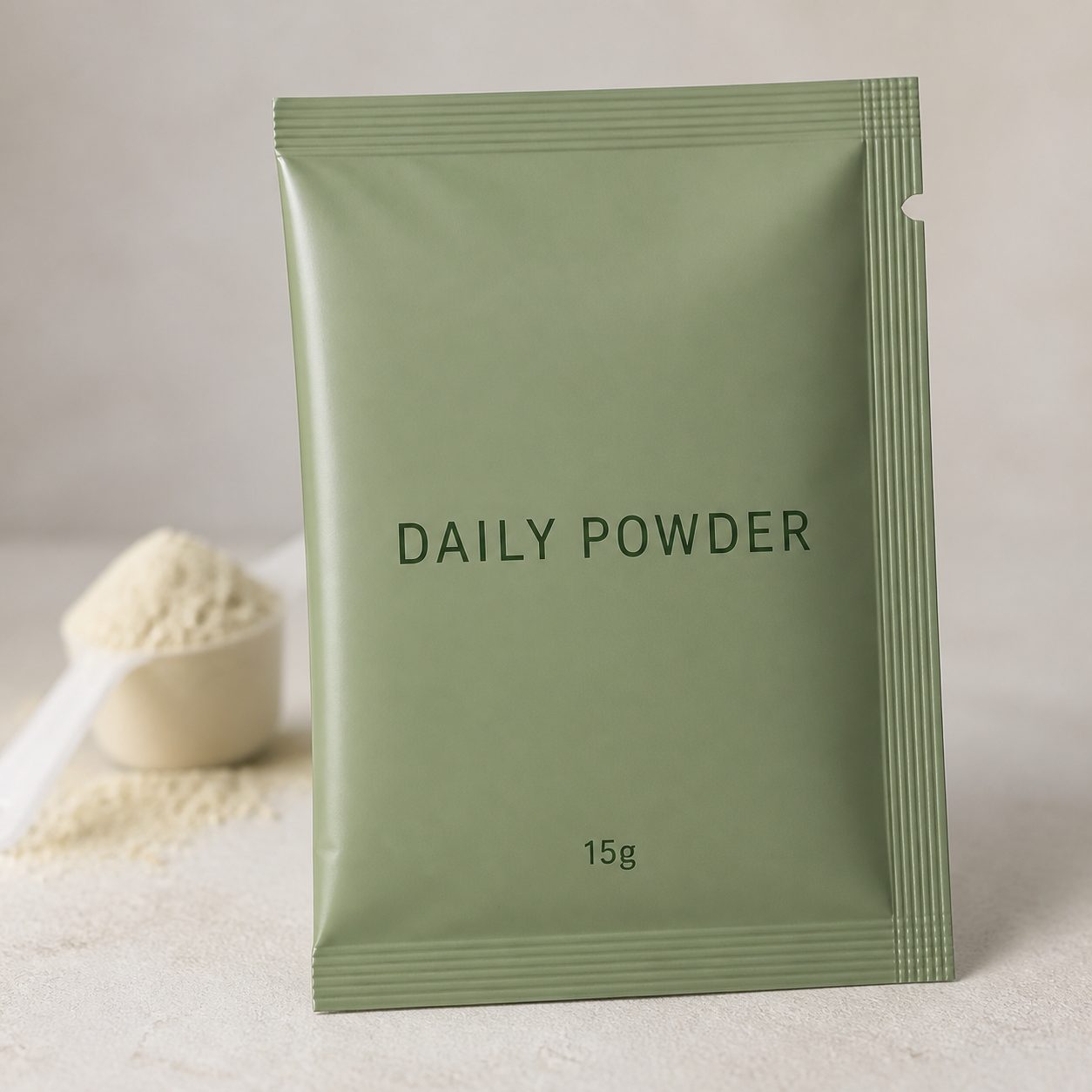 Daily powder three-side-seal flat sachet with folded left edge and three heat-sealed sides