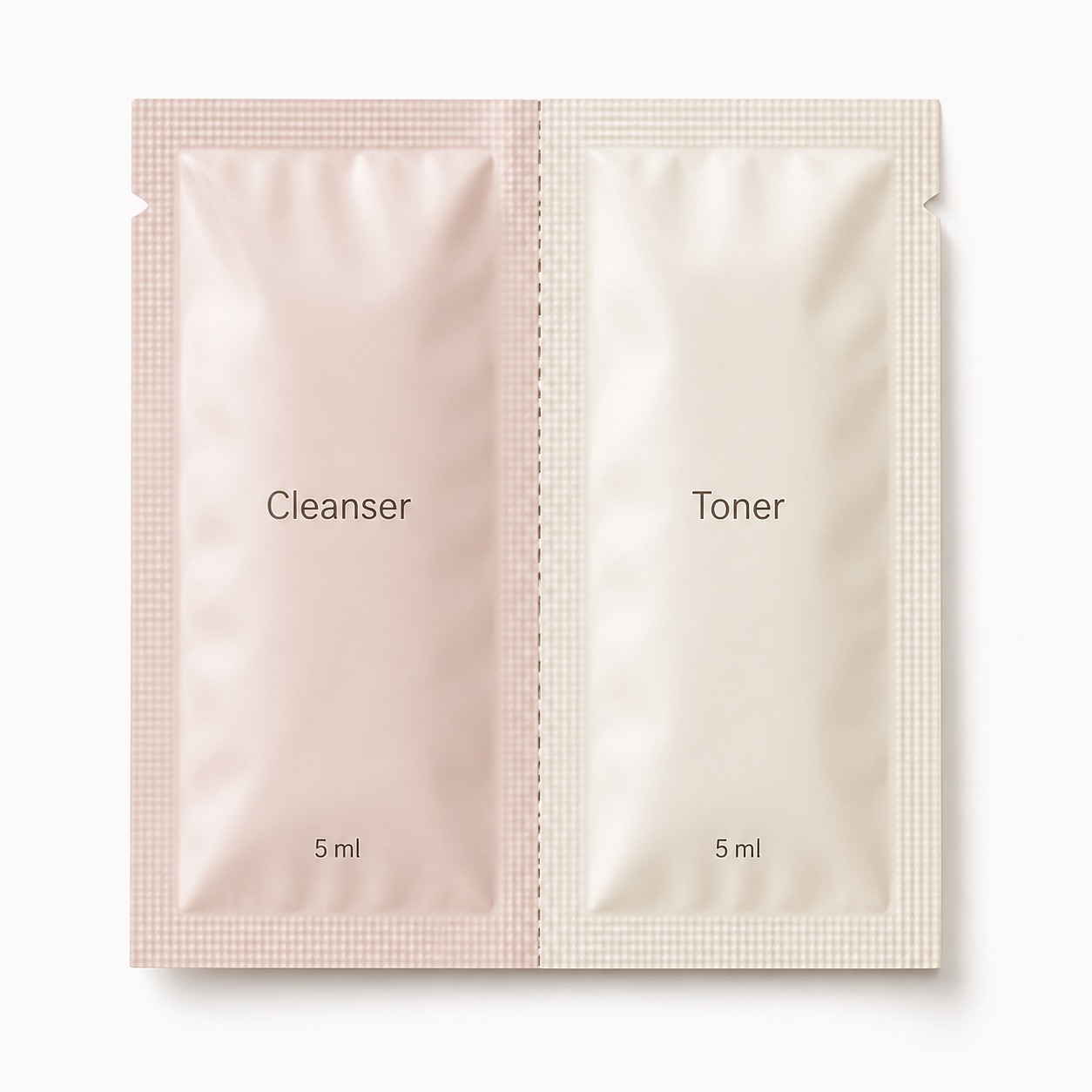 Connected twin skincare sample sachet with left and right chambers