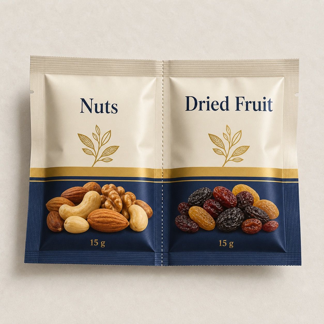 Connected twin snack pouch with aligned artwork and center perforation