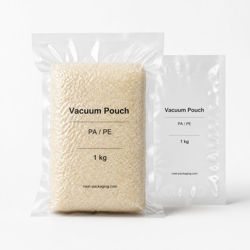 Clear PA PE vacuum pouch sample with heat-sealed edges for rice and vacuum packaging review
