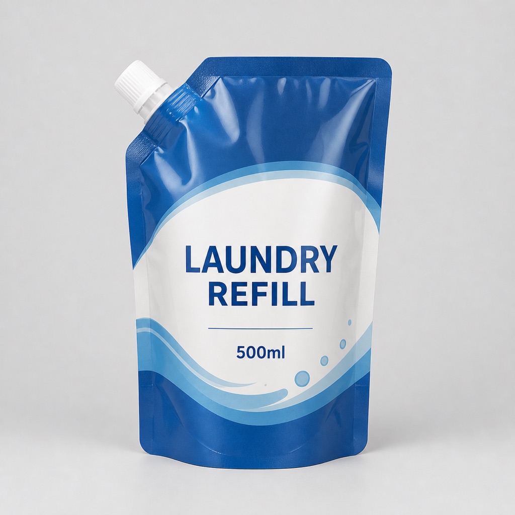 Blue corner-spout laundry refill pouch with cap and generic 500ml label